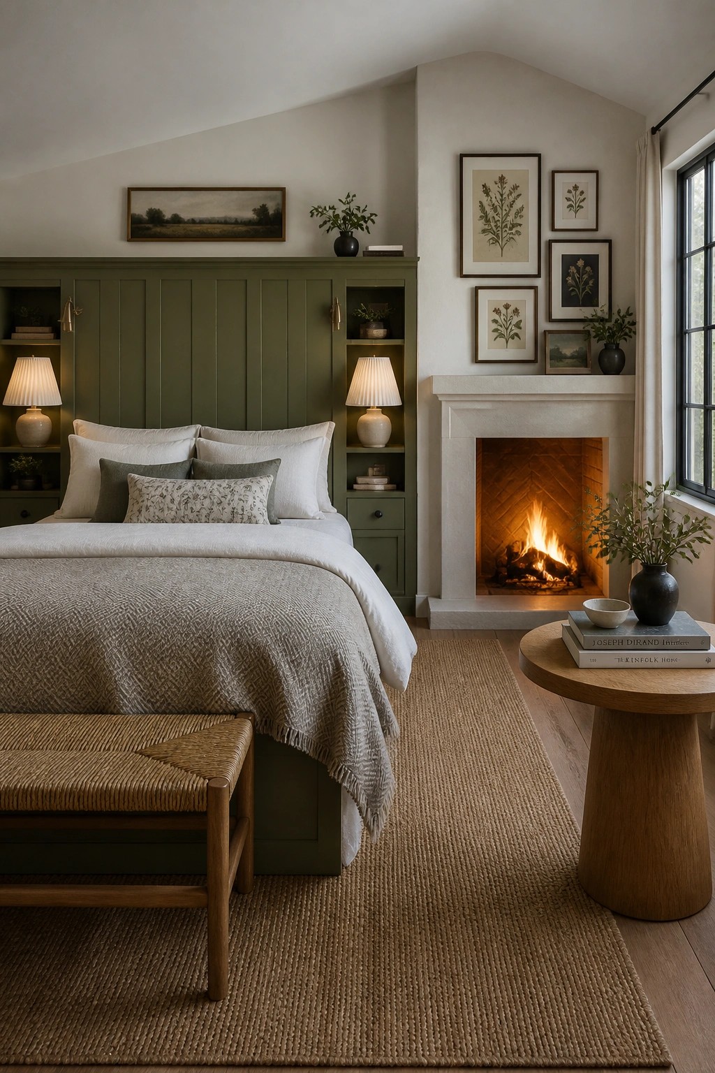 A bedroom featuring a sage green built-in headboard with side niches, white bedding, a lit fireplace to the right, and a woven bench at the foot of the bed.