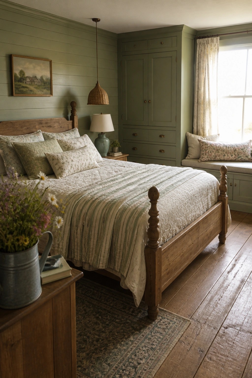 Cozy green bedroom with rustic wooden bed, striped bedding, and window seat