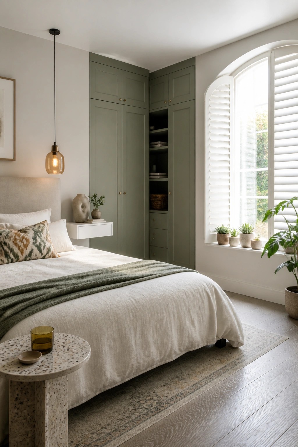 A bedroom with tall sage green built-in cabinets along one wall, a bed with white linens and a green throw, and an arched window with white shutters.