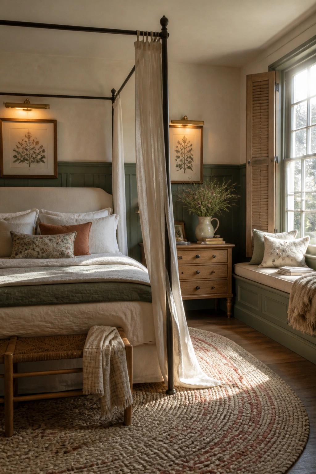 A bedroom interior featuring sage green wainscoting on the lower walls, a four-poster bed with white and green bedding, wooden nightstands, and framed botanical prints.