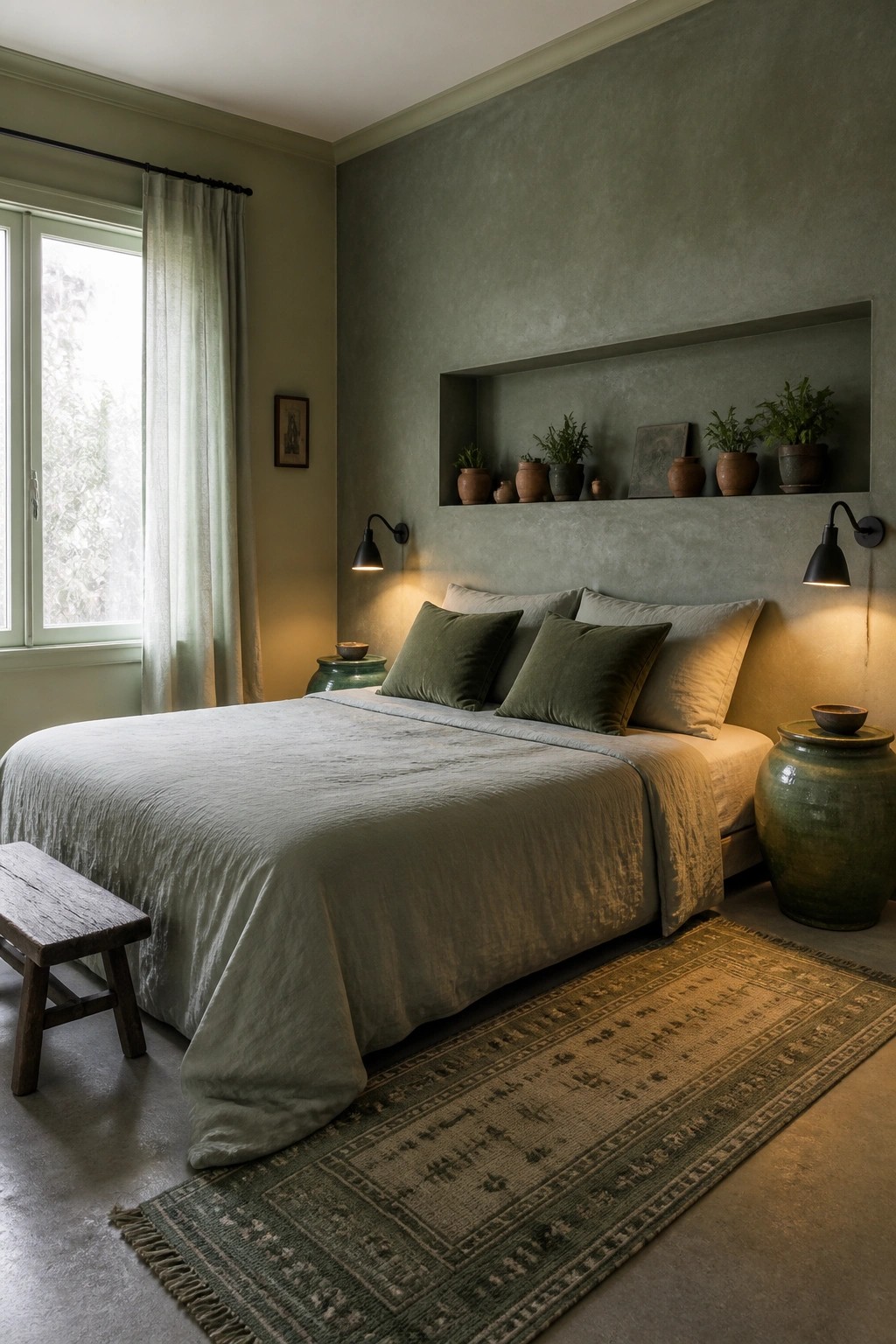 A bedroom with sage green walls, a large bed with matching green and beige linens, a recessed wall niche above the headboard holding potted plants and pottery, and two black wall sconces.