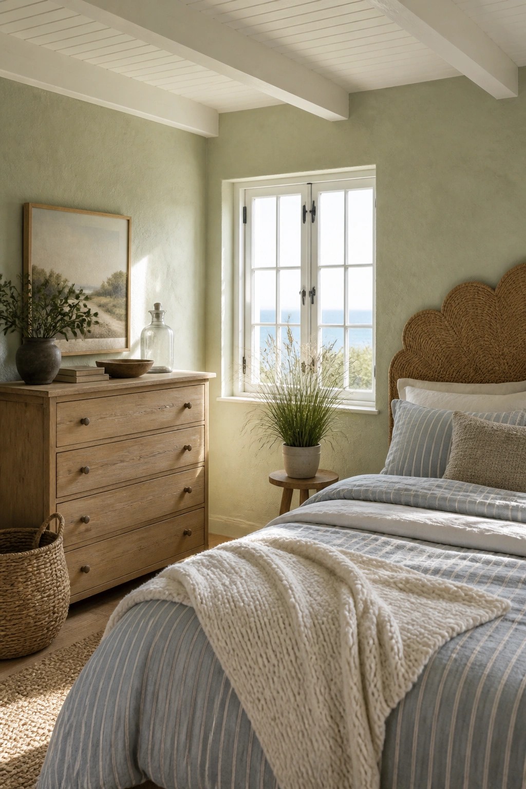 A bedroom with sage green walls, a wooden dresser on the left, a bed with blue striped bedding and a woven headboard on the right, and a window showing the ocean.