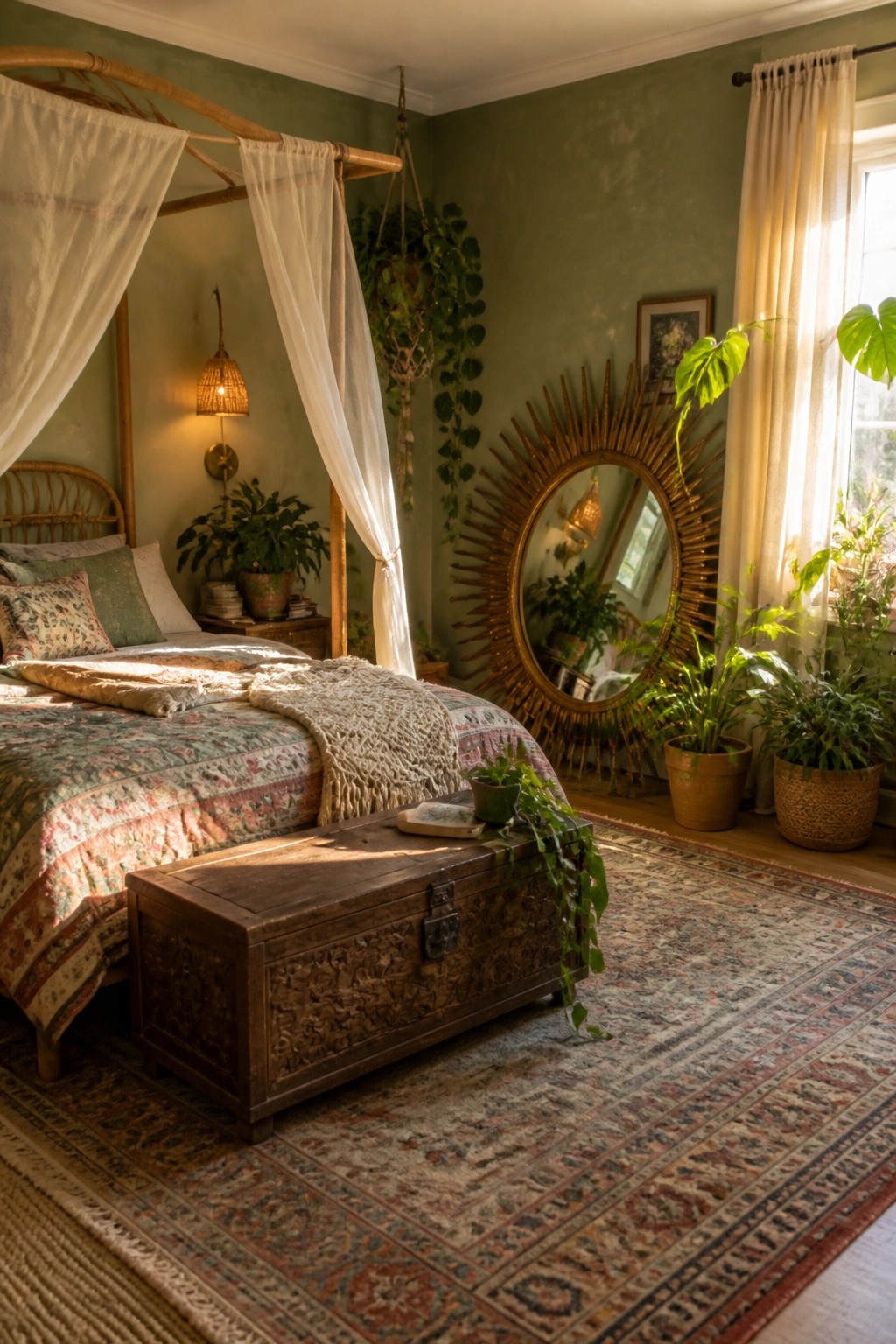 A bedroom with sage green walls, a canopy bed with patterned bedding, a carved wooden chest at the foot of the bed, a large sunburst mirror, hanging plants, and potted plants near a window with sheer curtains.