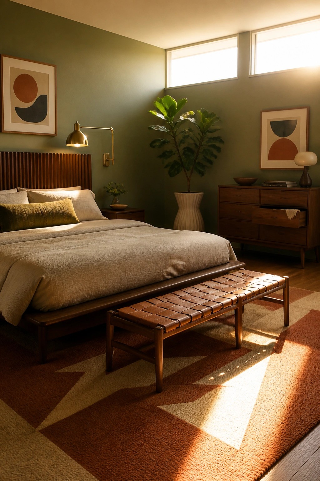 A bedroom interior with sage green walls, a wooden bed with neutral bedding, a woven leather bench at the foot, a large potted plant, and a patterned rug on the floor.
