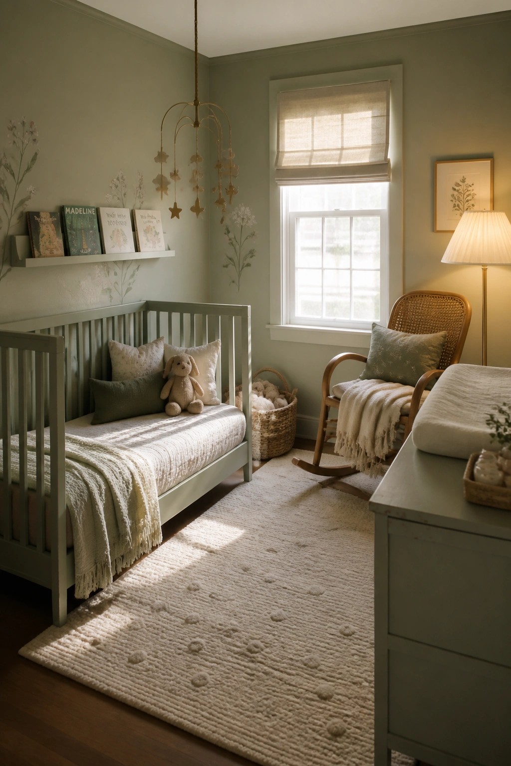 A sage green nursery with a matching crib, rocking chair, window with shade, and neutral textiles on a white rug.