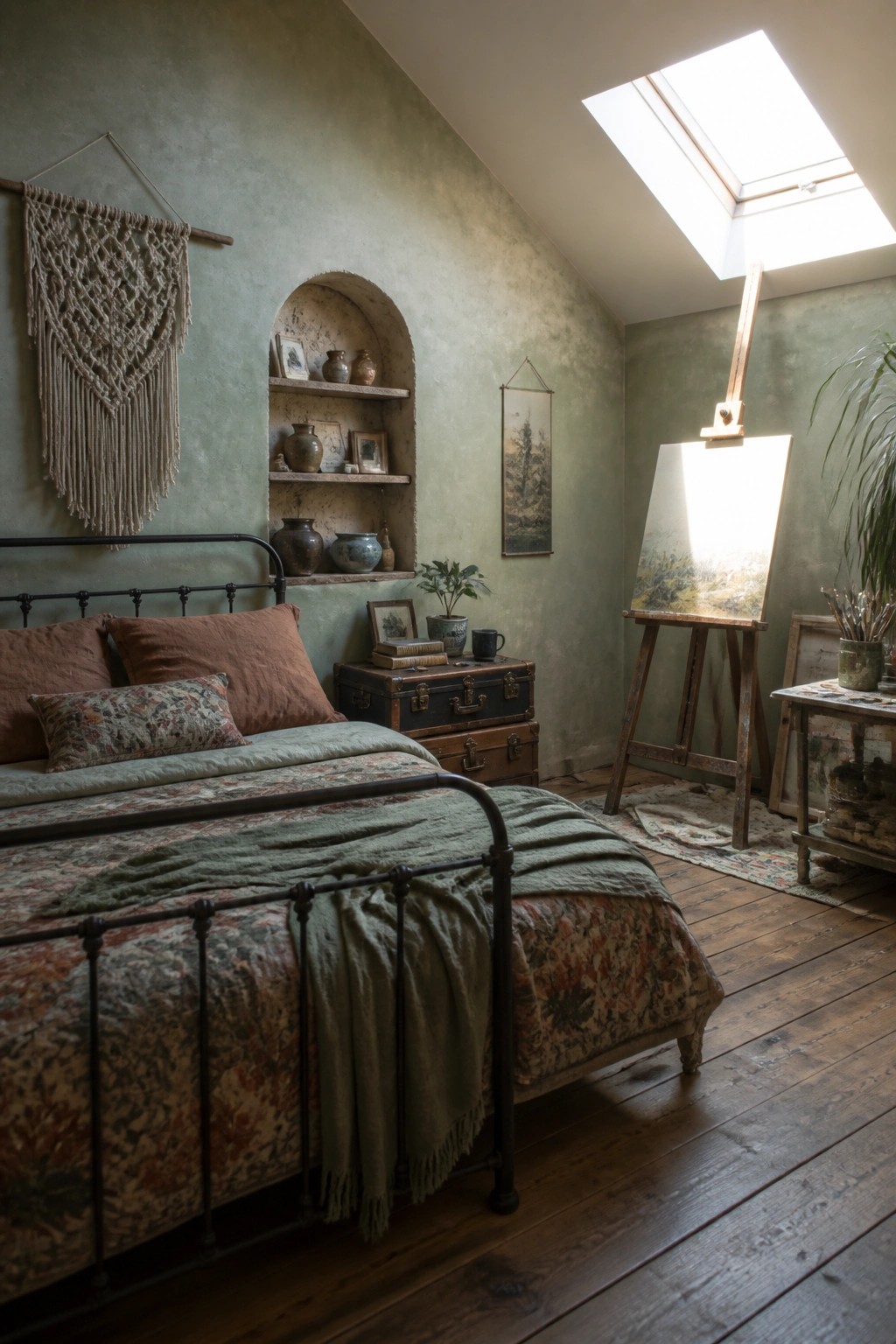 A bedroom interior with sage green walls, a black metal bed frame covered in floral and green linens, a wooden easel holding a landscape painting, built-in arched shelves, and a skylight in the sloped ceiling.
