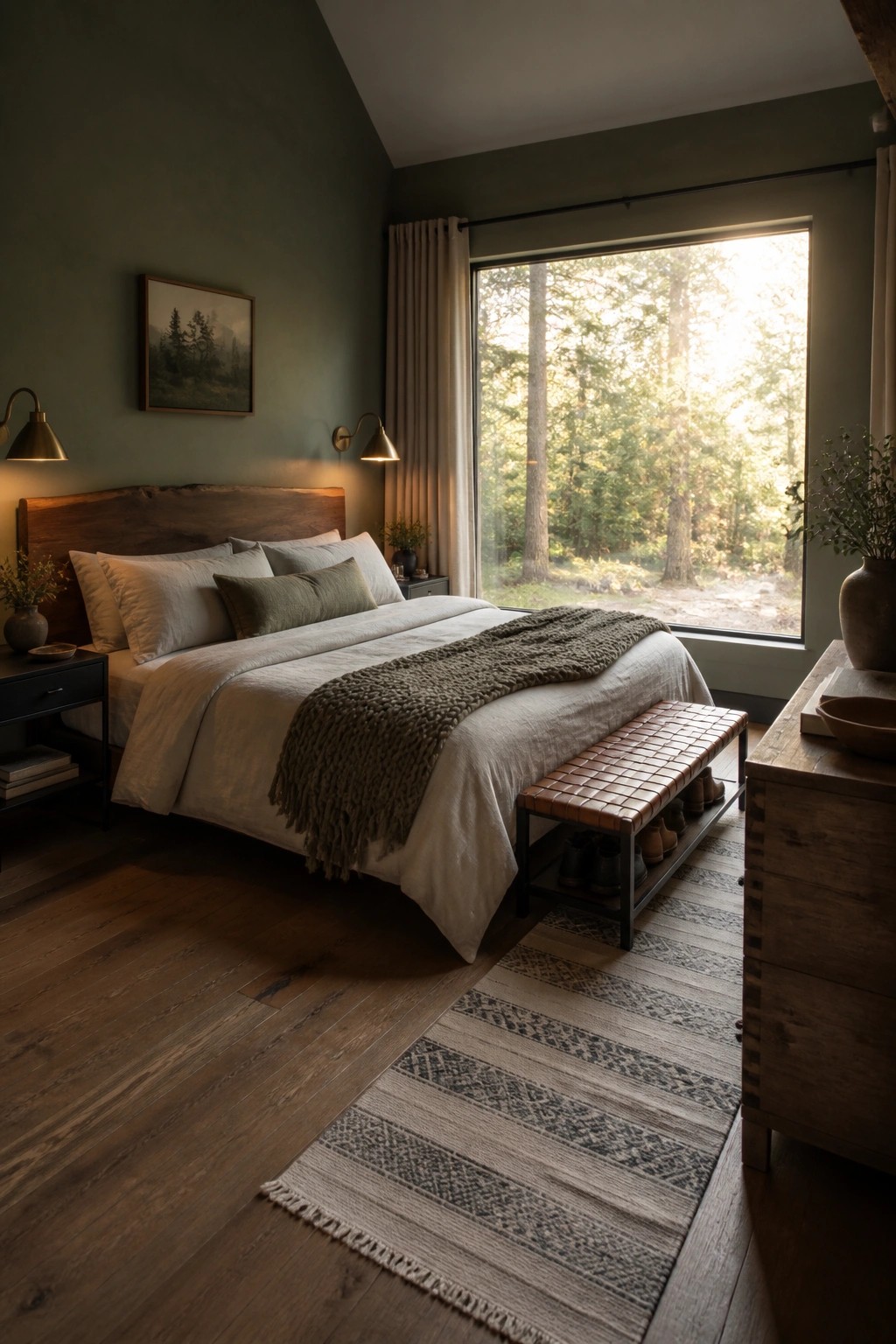 A bedroom with sage green walls, a wooden bed with neutral bedding, a large window showing trees outside, and a patterned rug on the wood floor.