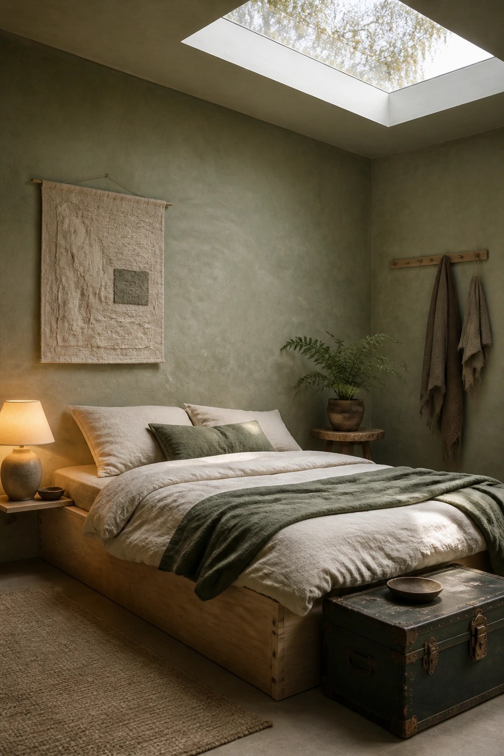 A bedroom with sage green walls, a low wooden bed dressed in white and green linen, a skylight overhead, and a woven wall hanging above the bed.