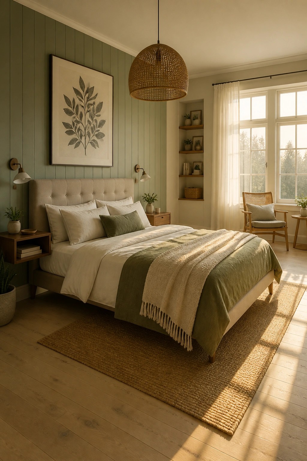 A bedroom featuring sage green vertical panel walls, a bed with white and olive bedding, a woven pendant light, and a large window with sheer curtains.