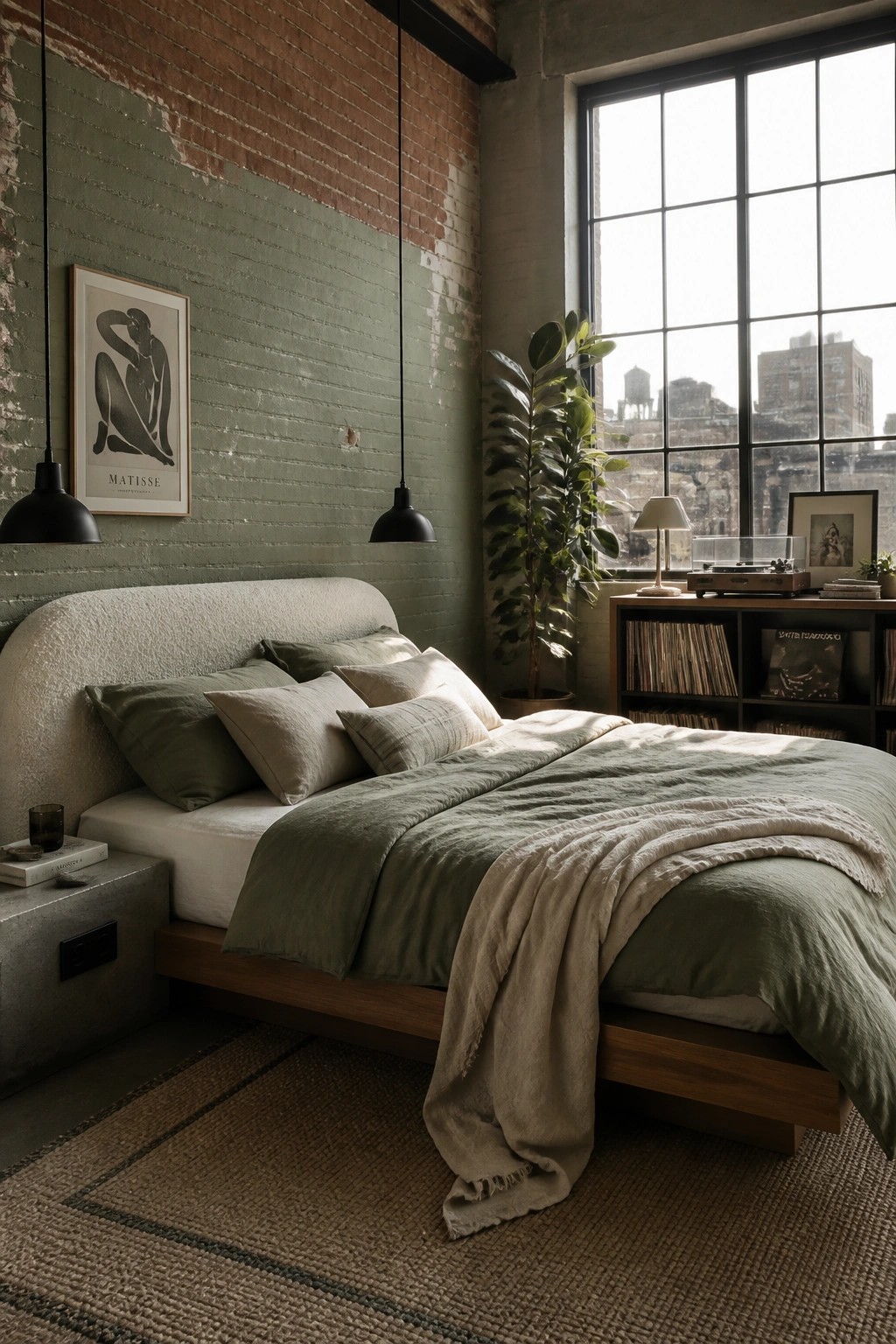 Loft bedroom with green linen bedding, brick wall, pendant lights, and large window.
