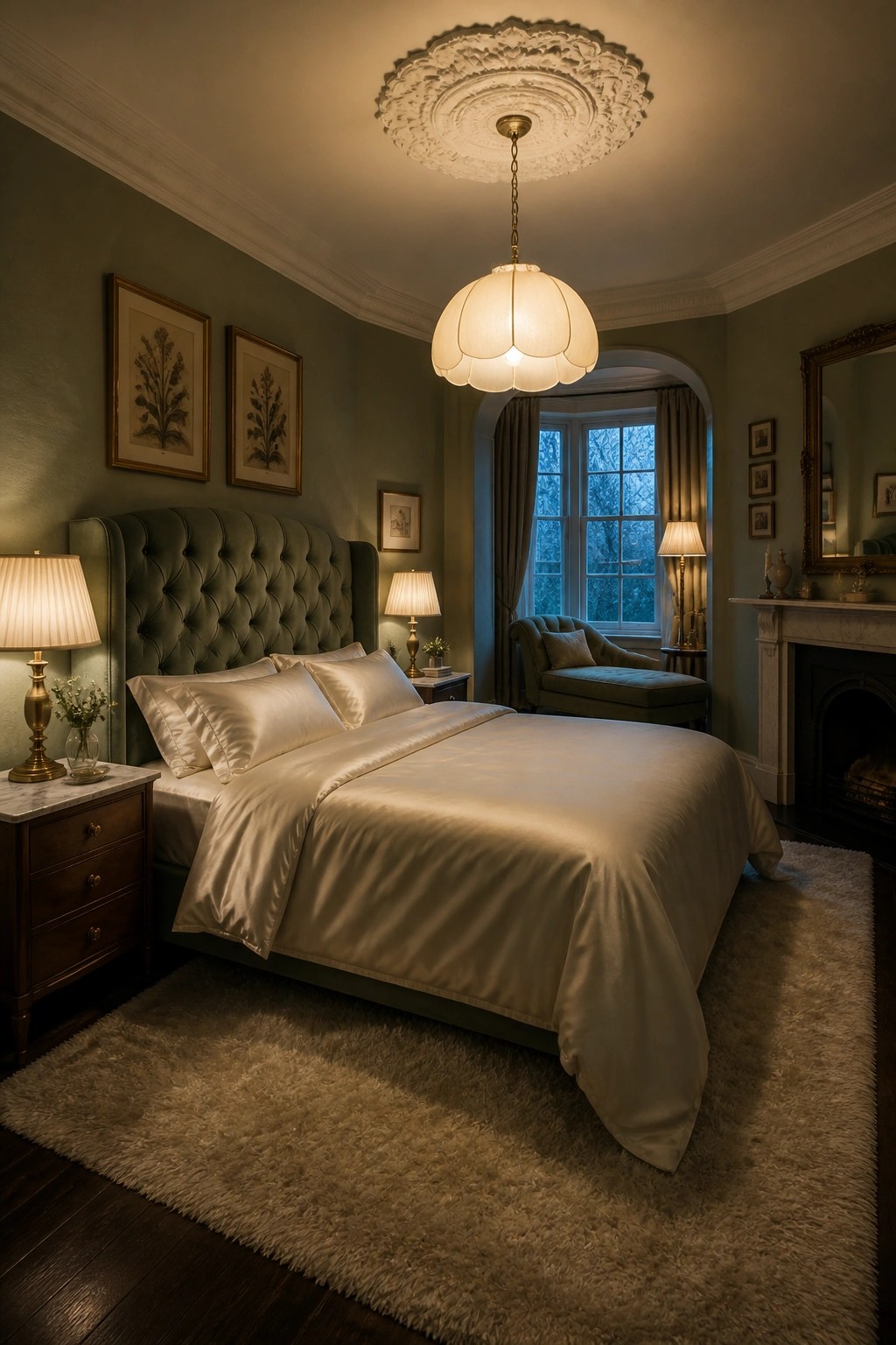 A bedroom with sage green walls, a large bed with cream bedding, a tufted headboard, two framed botanical prints, a hanging light fixture, and a window seat area with an arched window.
