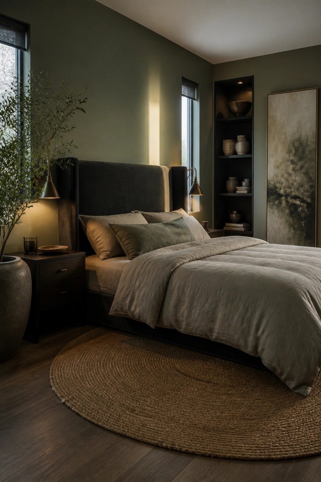 A bedroom with sage green walls featuring a large bed with neutral linen bedding, dark upholstered headboard, wooden nightstands, woven rug, and built-in shelving.