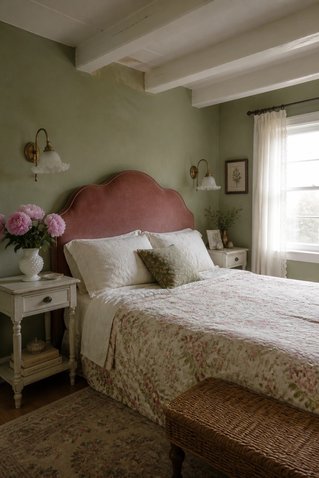 A bedroom interior with sage green walls, a scalloped pink upholstered headboard, white pillows, floral bedding, white nightstands, and a window with sheer curtains.