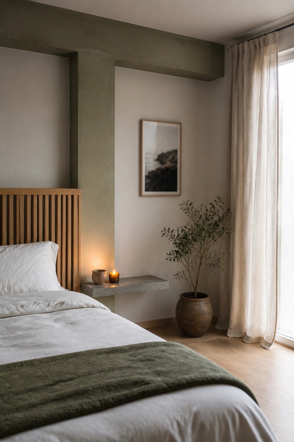A bedroom with sage green textured walls, a wooden slatted headboard, white bedding, a floating concrete shelf holding two small candles, and a potted plant near a window with sheer curtains.