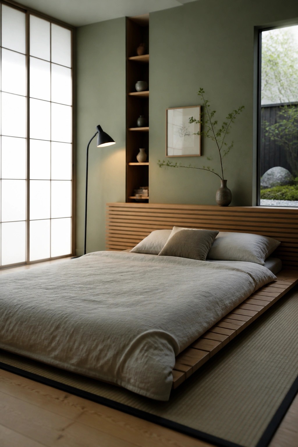 A bedroom with sage green walls, a low wooden platform bed with beige bedding, and a large shoji screen on the left.