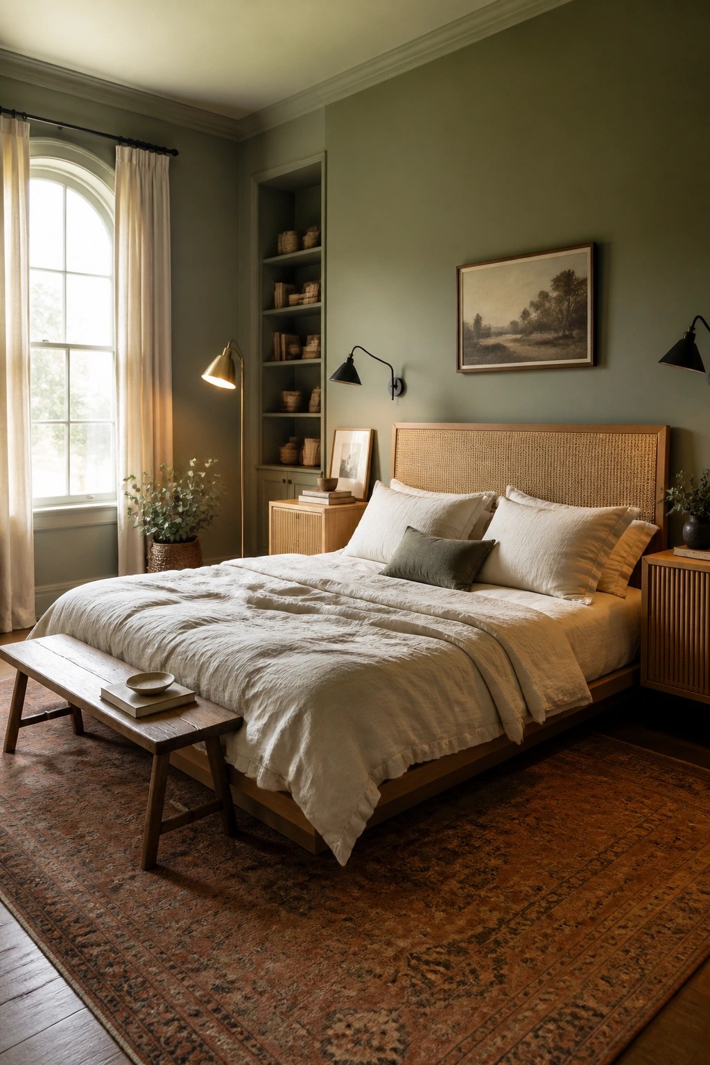 A bedroom with sage green walls, a wooden bed with white linen bedding, a large patterned rug, and a window with white curtains on the left.