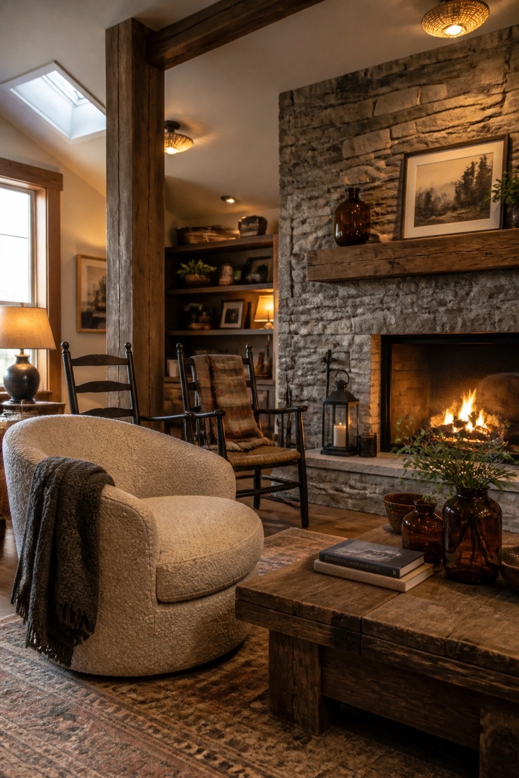 A cozy living room with a large beige upholstered armchair draped with a gray throw, positioned near a wooden coffee table and a stone fireplace with black rocking chairs.