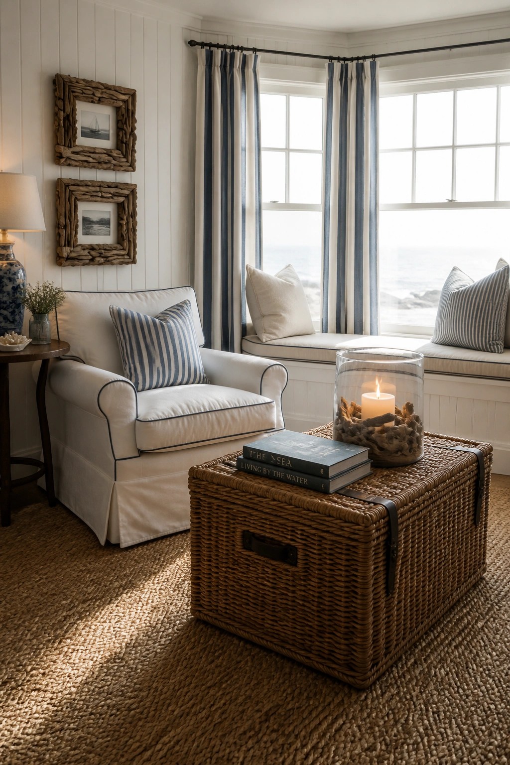 A white armchair with blue striped pillows sits beside a large brown woven storage ottoman holding stacked books and a glass hurricane candle, in a bright room with a window seat and ocean view.