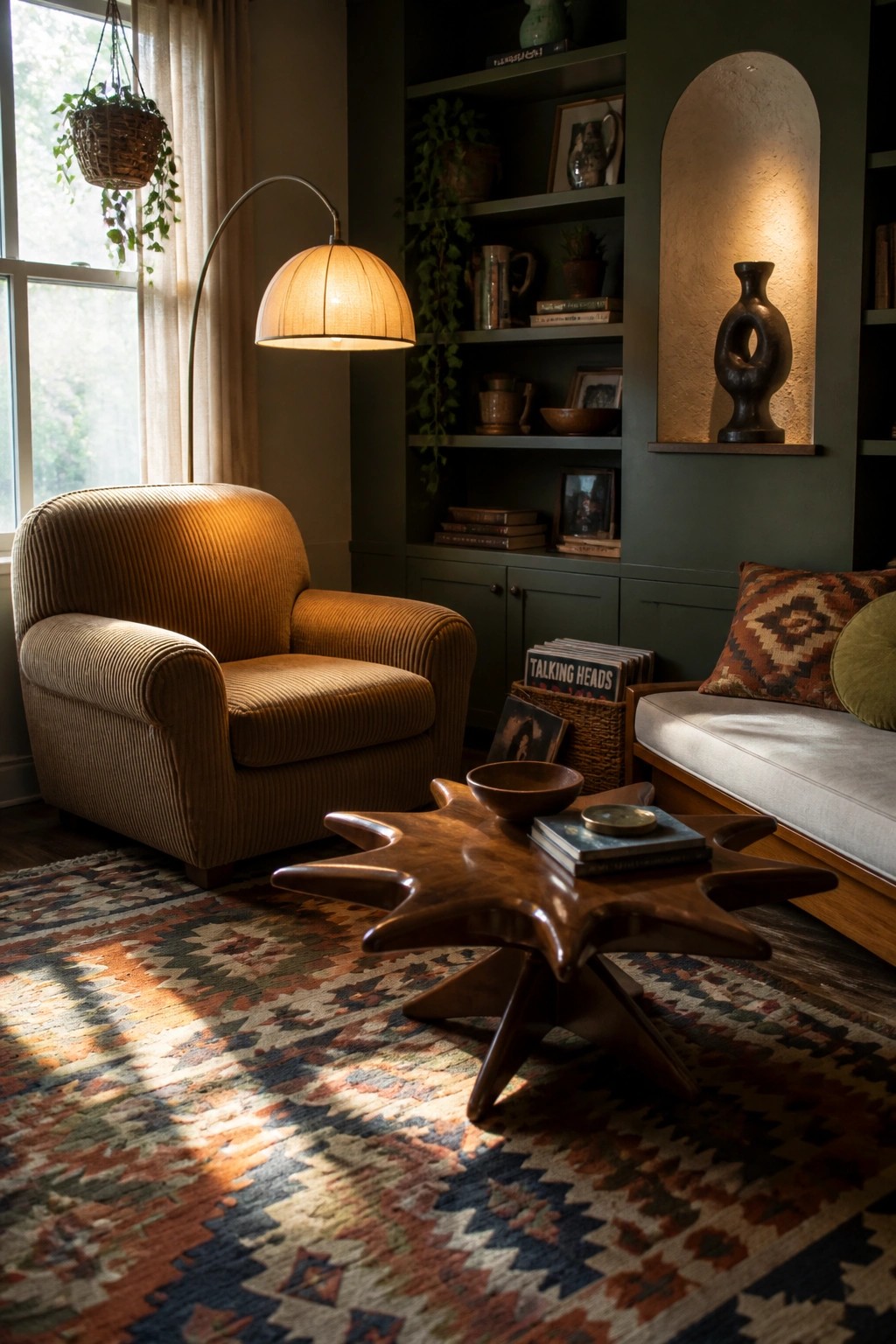 Cozy living room with orange armchair, star-shaped table, and patterned rug in sunlight.