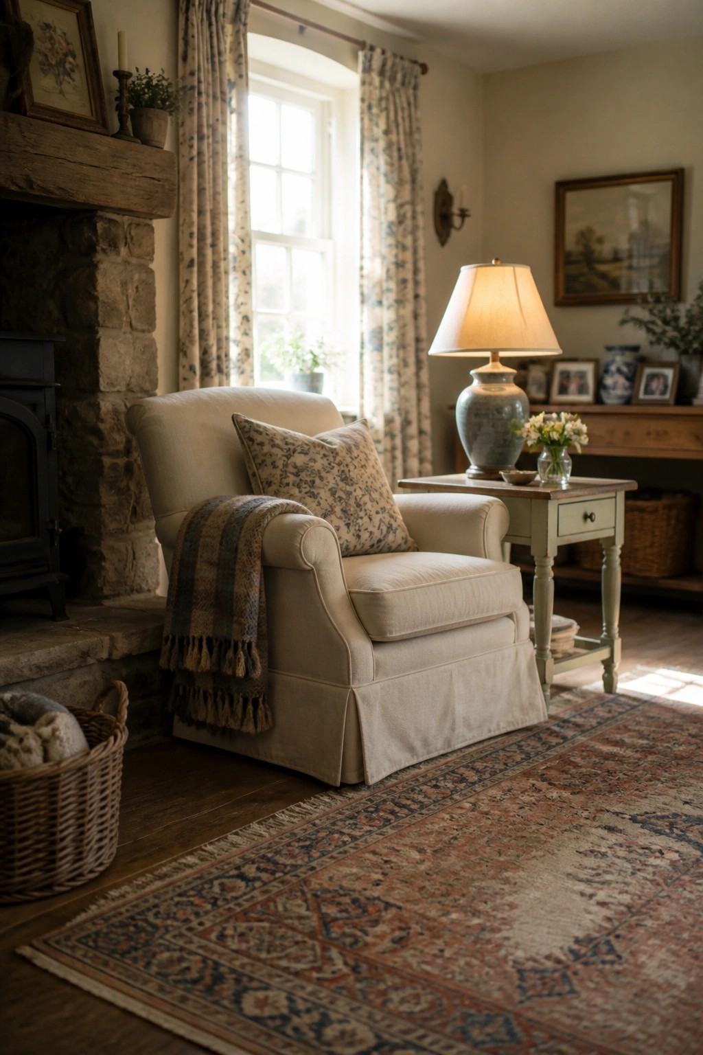 Cozy cream armchair with floral pillow on patterned rug near stone fireplace