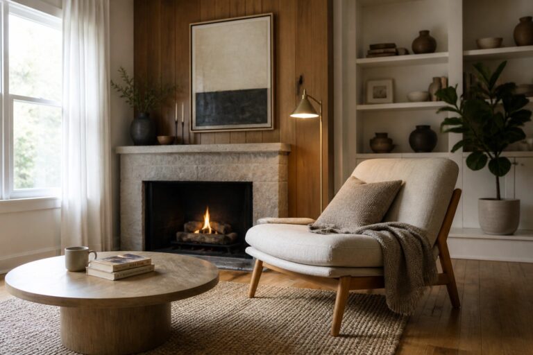 A low wooden armchair with beige cushions and a fringed throw blanket sits on a woven rug in a living room with a round coffee table, fireplace, and built-in shelves.
