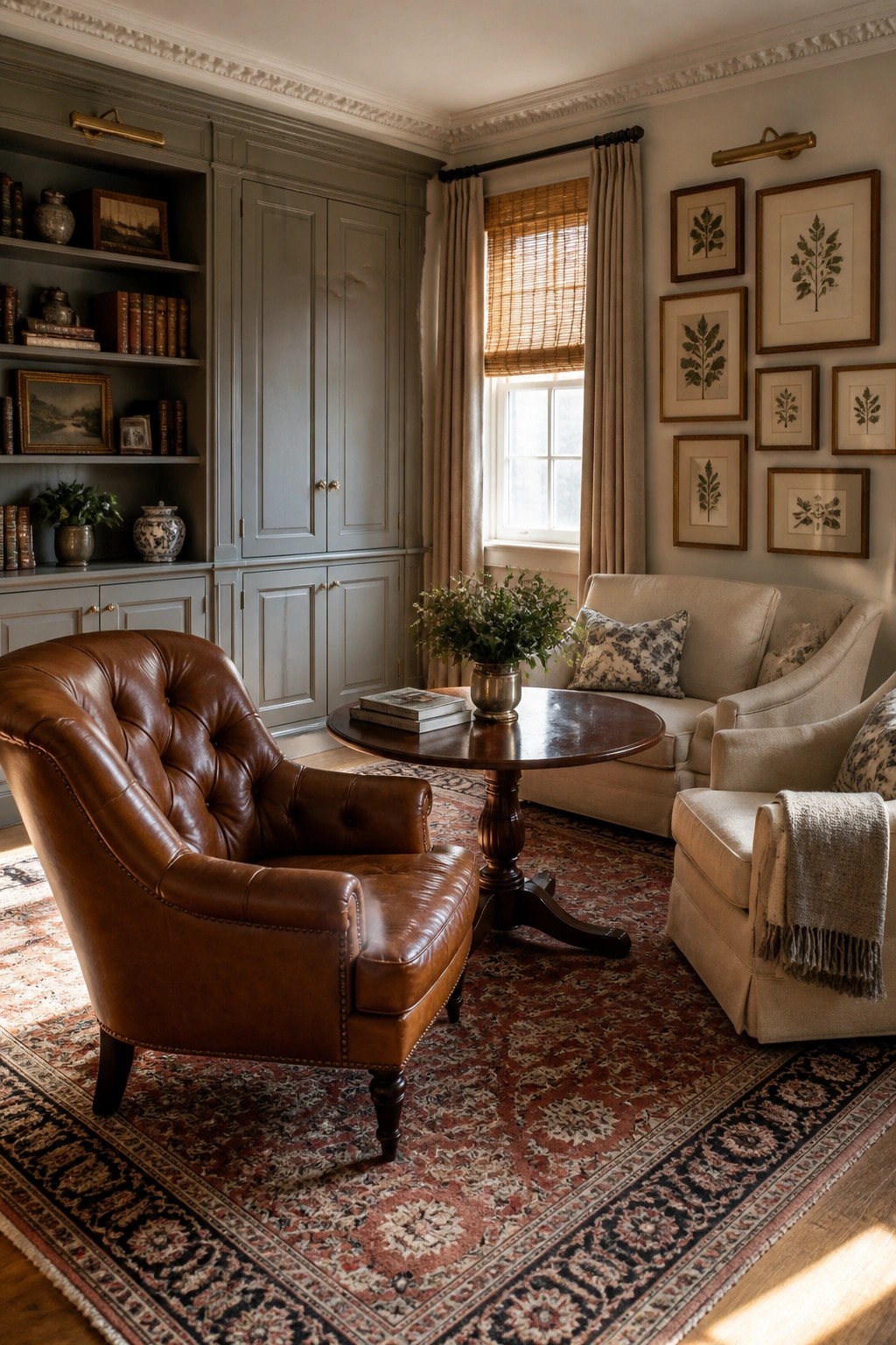A living room with a brown leather tufted armchair facing a round wooden table and beige sofas, set on a red patterned rug beside built-in gray bookshelves.