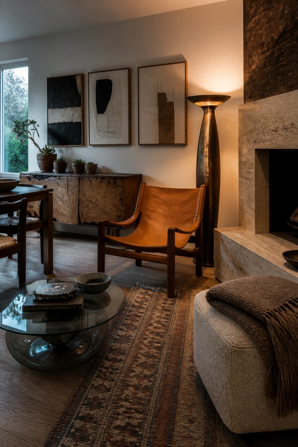 A living room with a brown leather sling chair positioned on a patterned rug beside a stone fireplace, with a glass coffee table in the foreground and abstract wall art above a wooden sideboard.