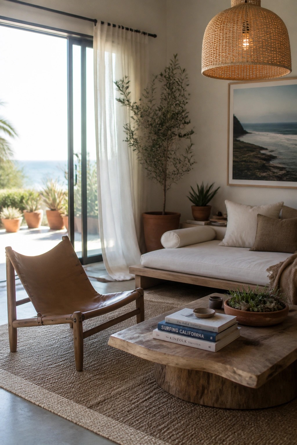 A living room with a brown leather sling chair on a woven rug beside a low wooden daybed with white cushions and a rustic live-edge coffee table.