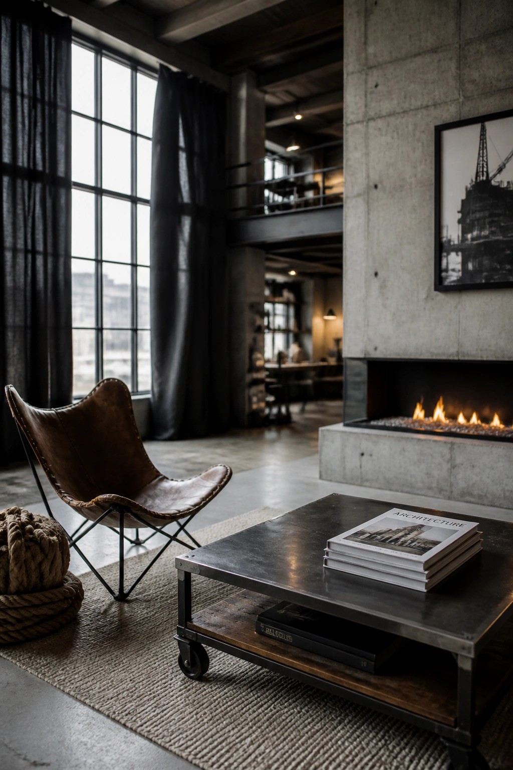 A brown leather butterfly chair on a woven rug beside a metal coffee table holding stacked books, with a concrete fireplace visible in an industrial-style living room.