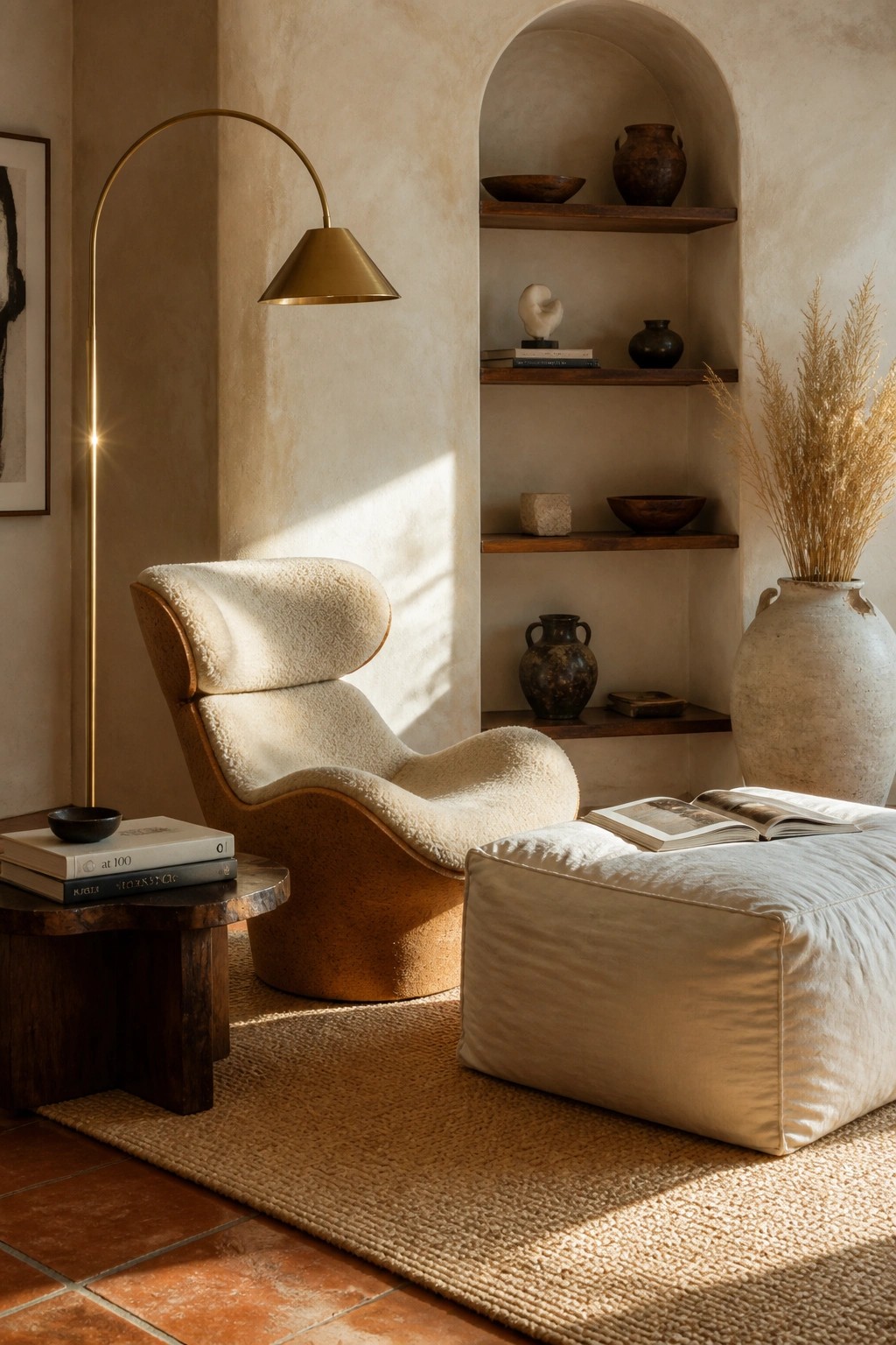 A low curved lounge chair upholstered in white shearling fabric sits beside a large matching ottoman on a woven rug, with a brass arc floor lamp and built-in wooden shelves holding pottery nearby.
