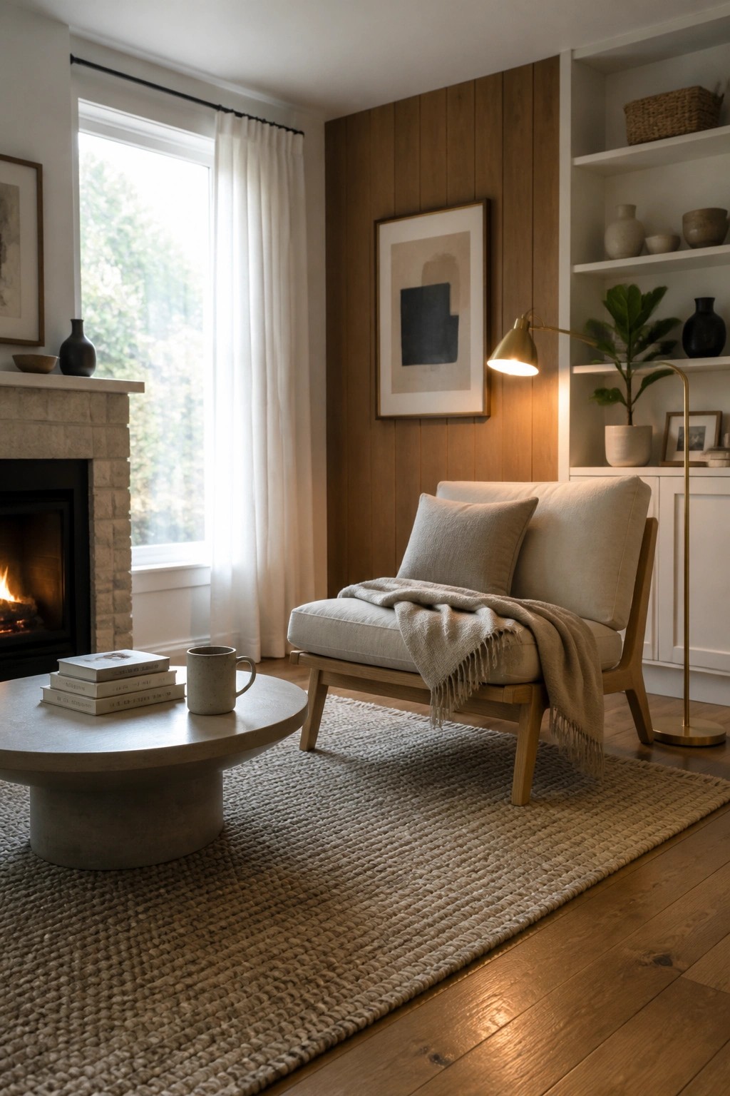 A low wooden armchair with beige cushions and a fringed throw blanket sits on a woven rug in a living room with a round coffee table, fireplace, and built-in shelves.