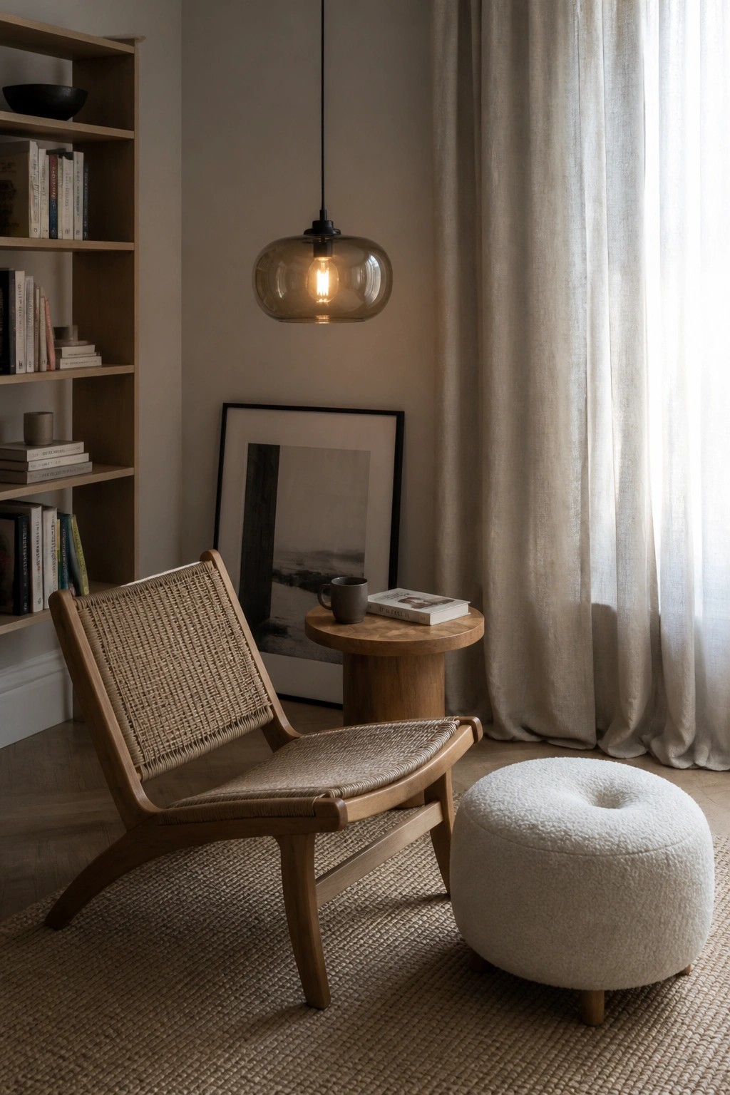 A wooden lounge chair with woven seat and back rests on a rug beside a round wooden side table and a white bouclé ottoman, with a glass pendant light above.