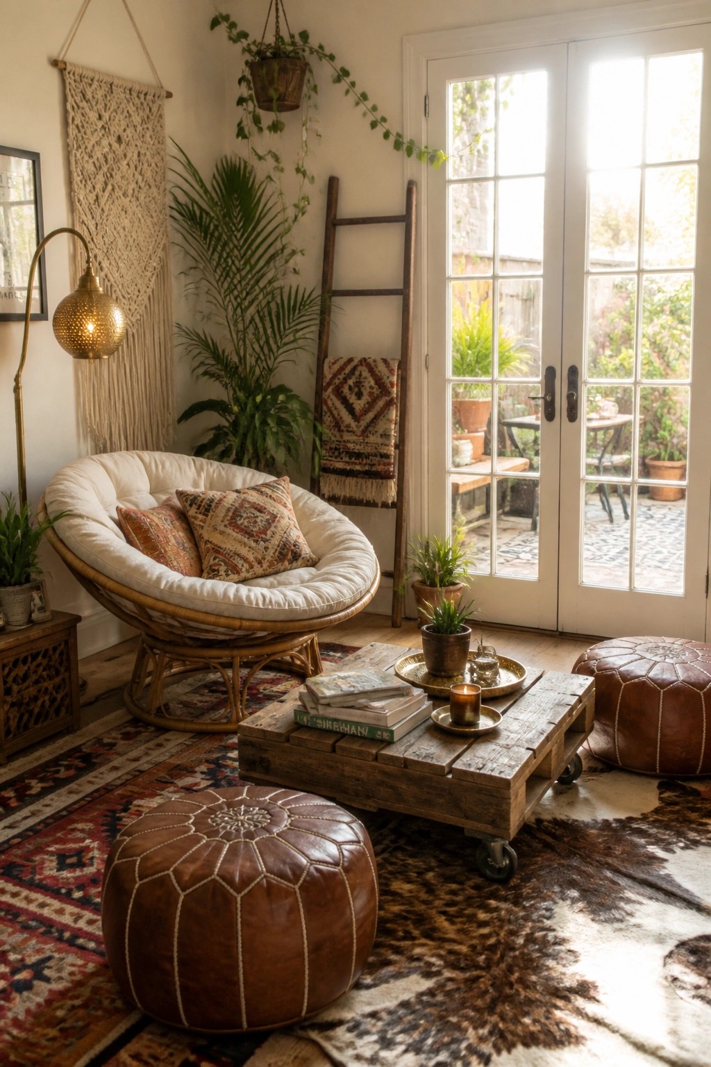 A living room with a large papasan chair with white cushion and patterned pillows, a wooden pallet coffee table, two brown leather poufs, and a macrame wall hanging.