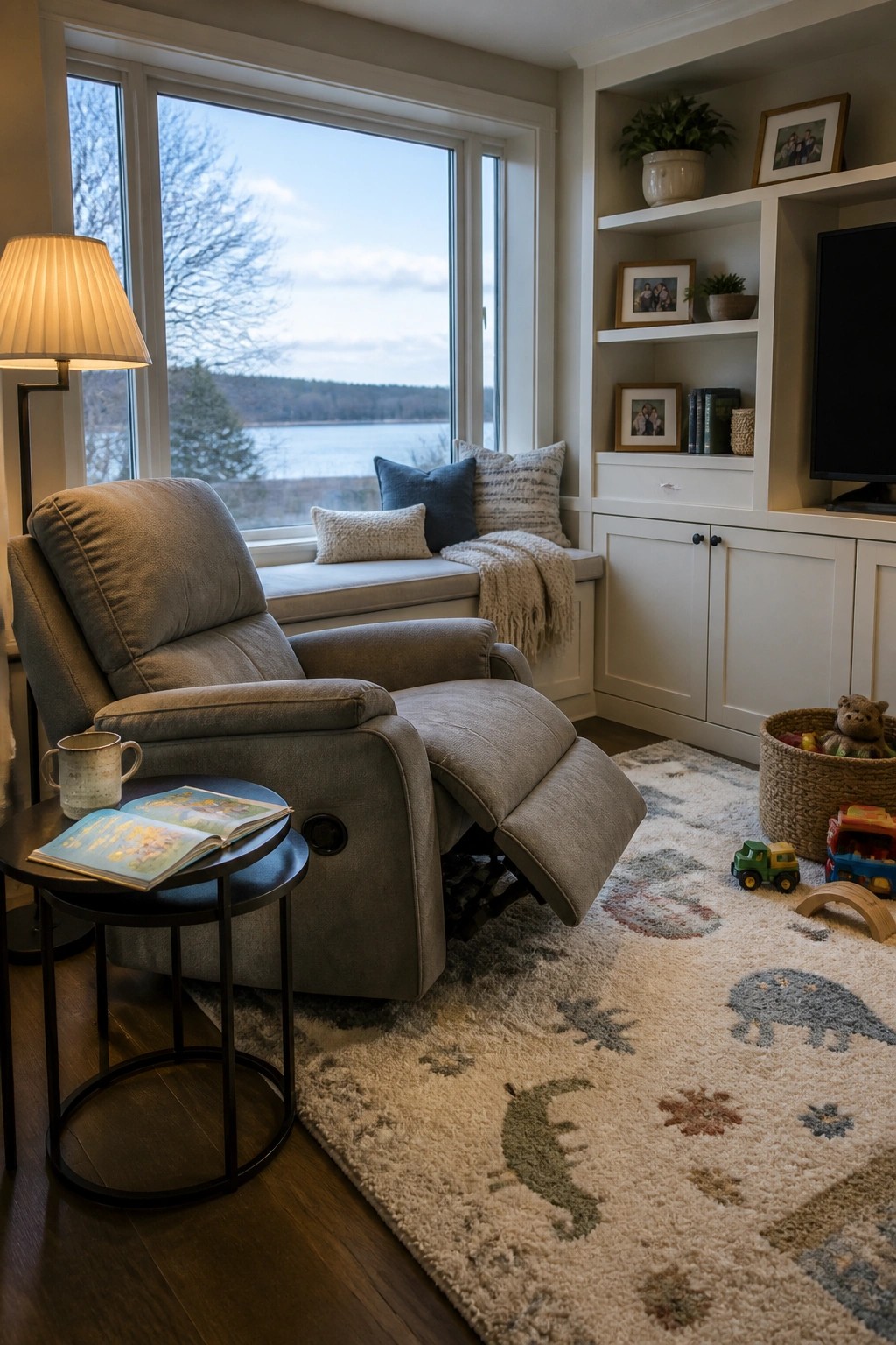 A gray recliner with extended footrest sits in a living room beside a round side table holding an open book and mug, in front of a large window overlooking water and trees.