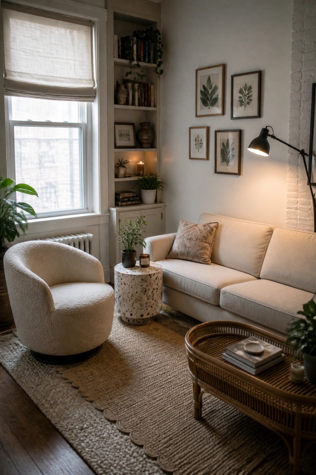 A living room featuring a white rounded boucle armchair on a beige rug beside a light sofa, with built-in bookshelves and framed art on the wall.