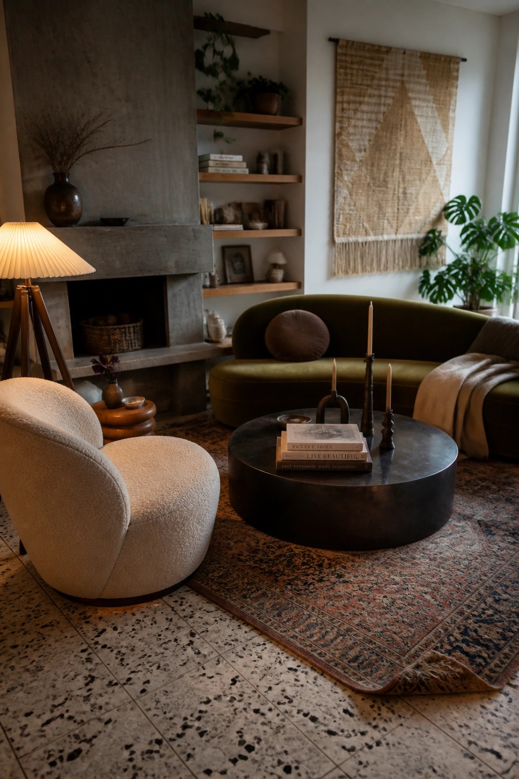 A living room with a white boucle armchair positioned near a green curved sofa, a round dark coffee table holding books and candles, and a concrete fireplace with built-in shelves.