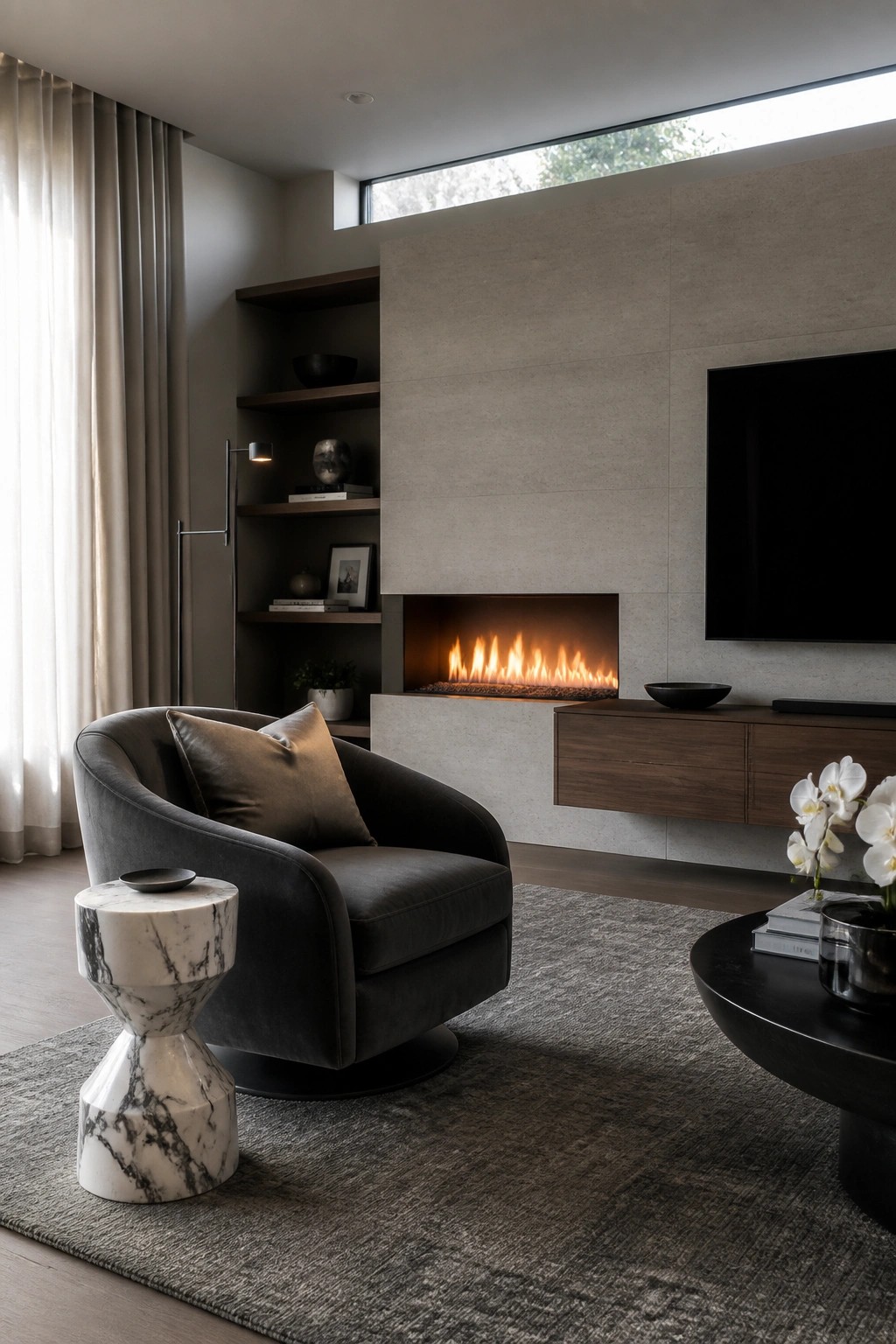 A modern living room with a dark gray upholstered swivel armchair, marble side table, built-in linear fireplace, floating wood console, wall-mounted television, and large horizontal window.