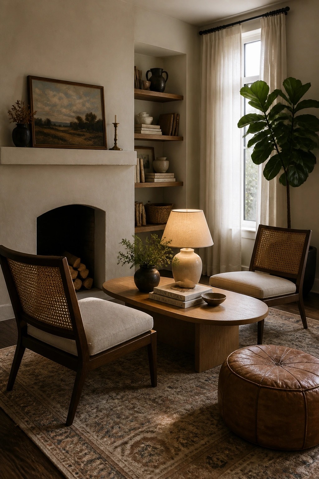 Cozy neutral living room with fireplace, oval wood table, cane chairs, and leather pouf.