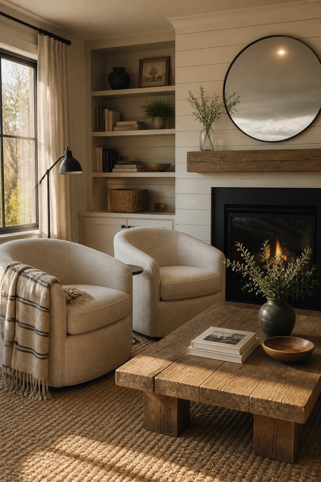 Two light beige armchairs face each other across a wooden coffee table in front of a black fireplace, with built-in shelves visible to the left.