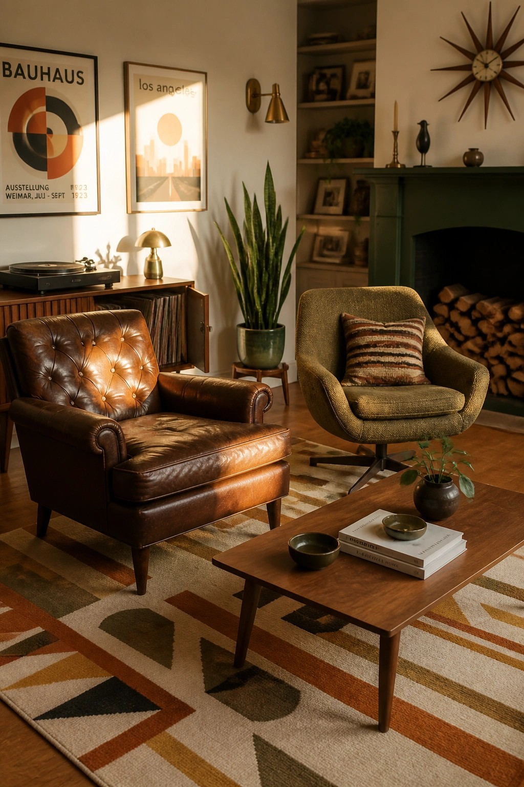 A living room showing a brown leather armchair and a green upholstered chair placed across from each other with a wooden coffee table between them on a geometric rug.