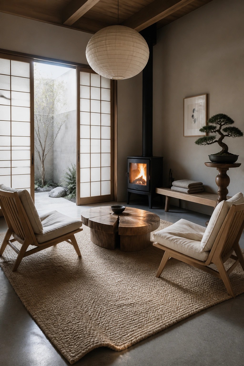 Two wooden armchairs with light cushions face each other across a round wooden table on a large woven rug in front of a black wood stove.