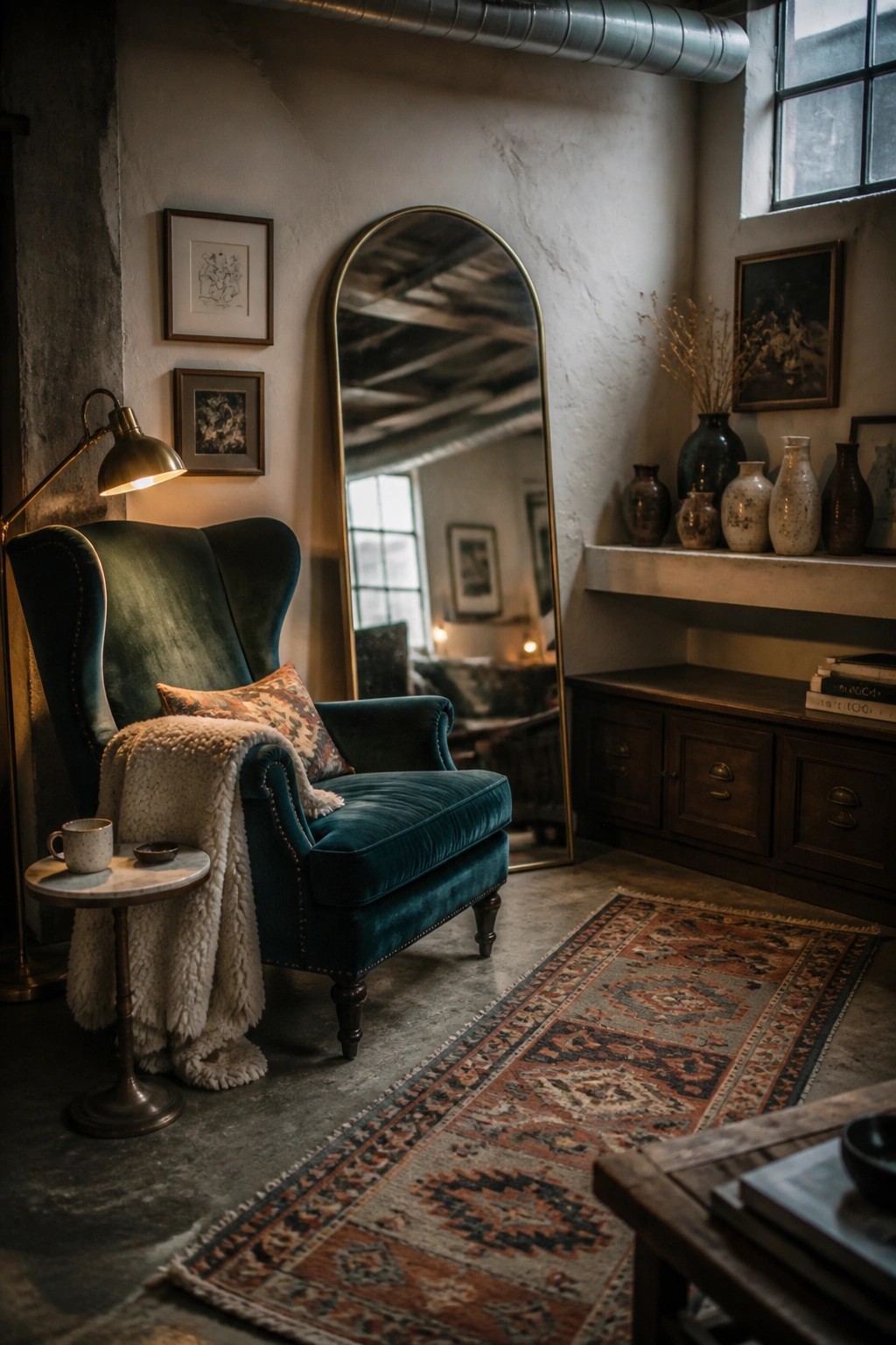 A teal velvet wingback armchair with a patterned pillow and cream throw sits beside a small marble side table on a patterned rug, with a large arched mirror and framed art visible in the background.