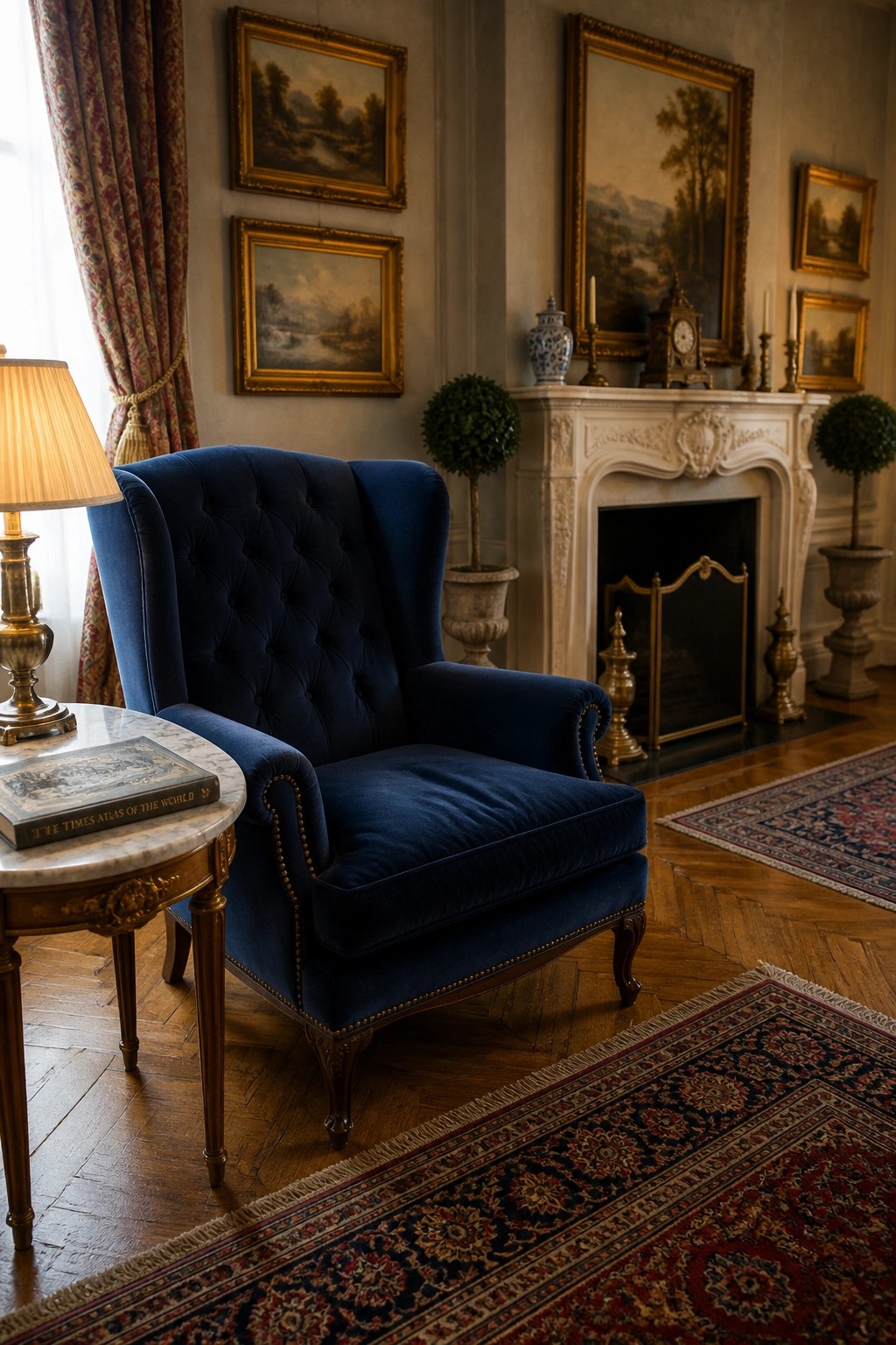 A navy blue tufted wingback armchair sits beside a marble-topped side table holding a book, positioned in front of a white fireplace with framed paintings above it.