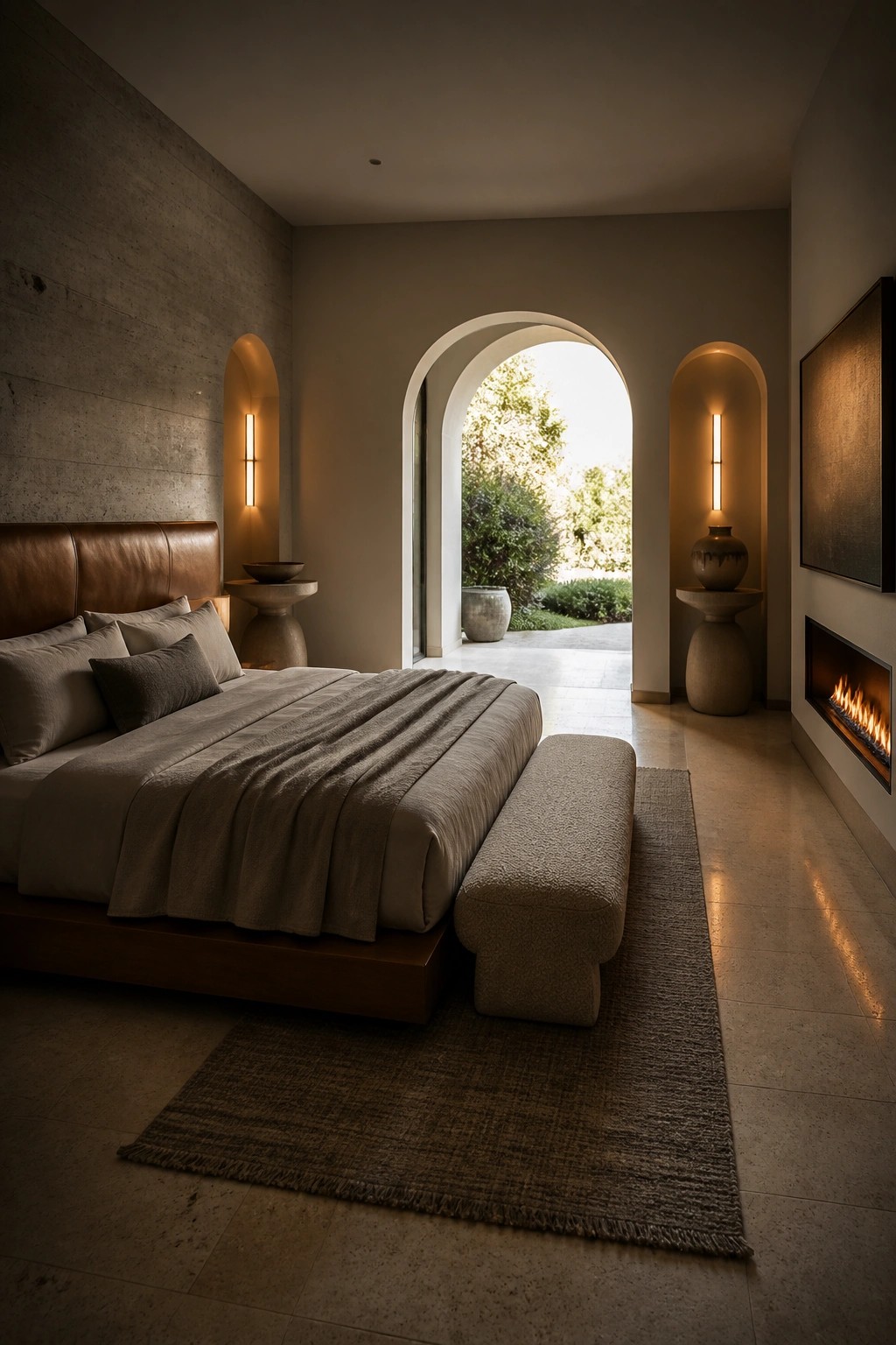 A spacious bedroom with a centered bed against a concrete wall, flanked by two arched niches with vertical lights, an open central archway, and a long bench at the foot of the bed.