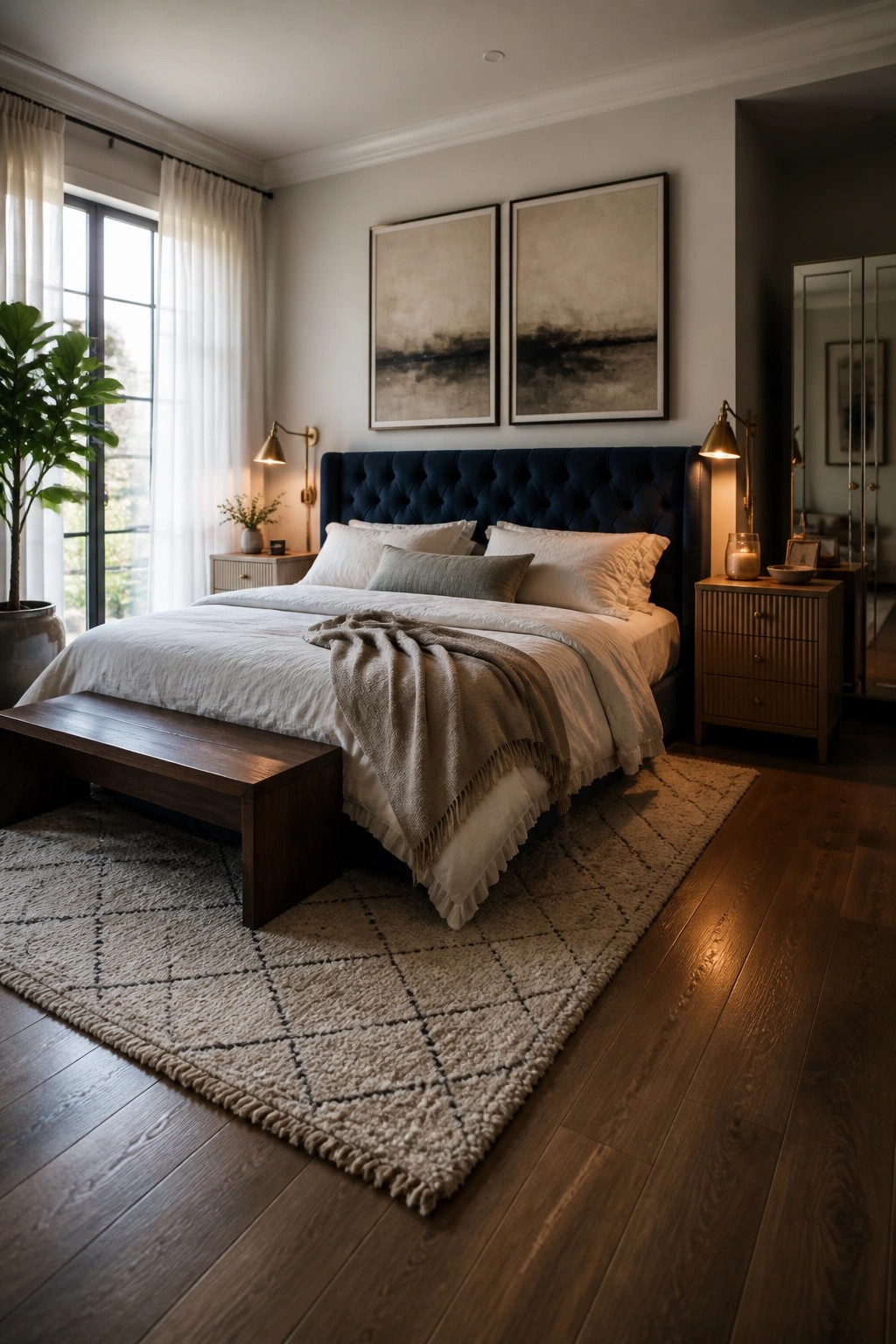 A master bedroom with a centered bed, navy tufted headboard, matching wooden nightstands with lamps on both sides, two abstract paintings above the bed, and a large patterned rug on dark wood flooring.