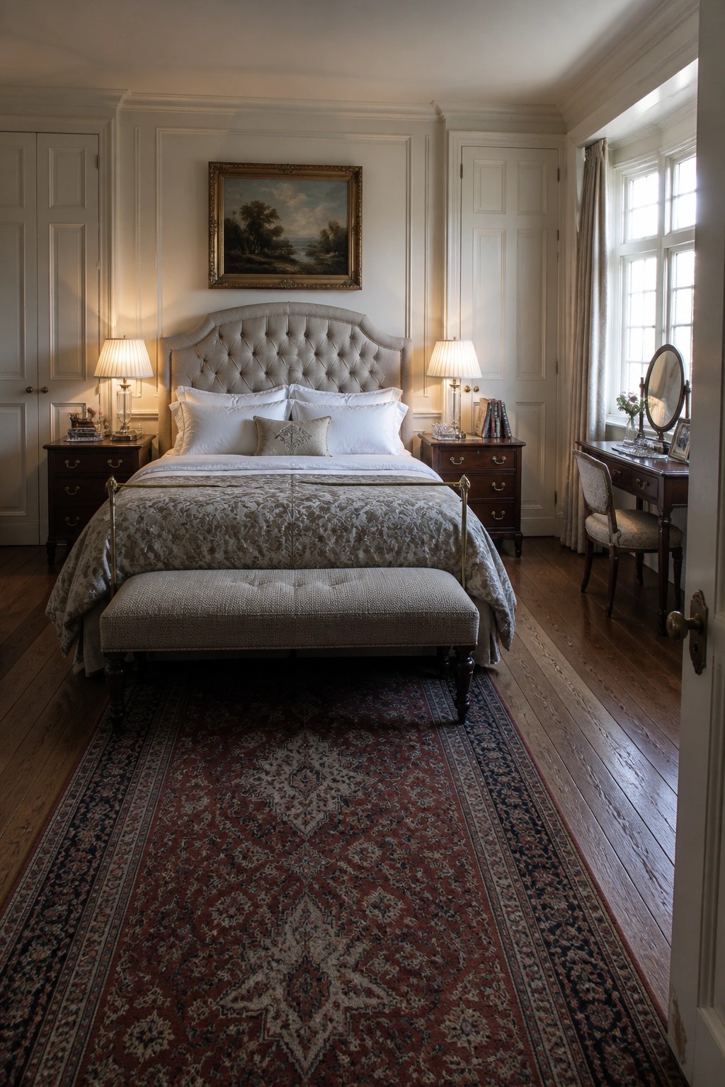 A bedroom with a centered bed flanked by two identical dark wood nightstands, each holding a lit lamp, and a large patterned rug covering the wood floor.