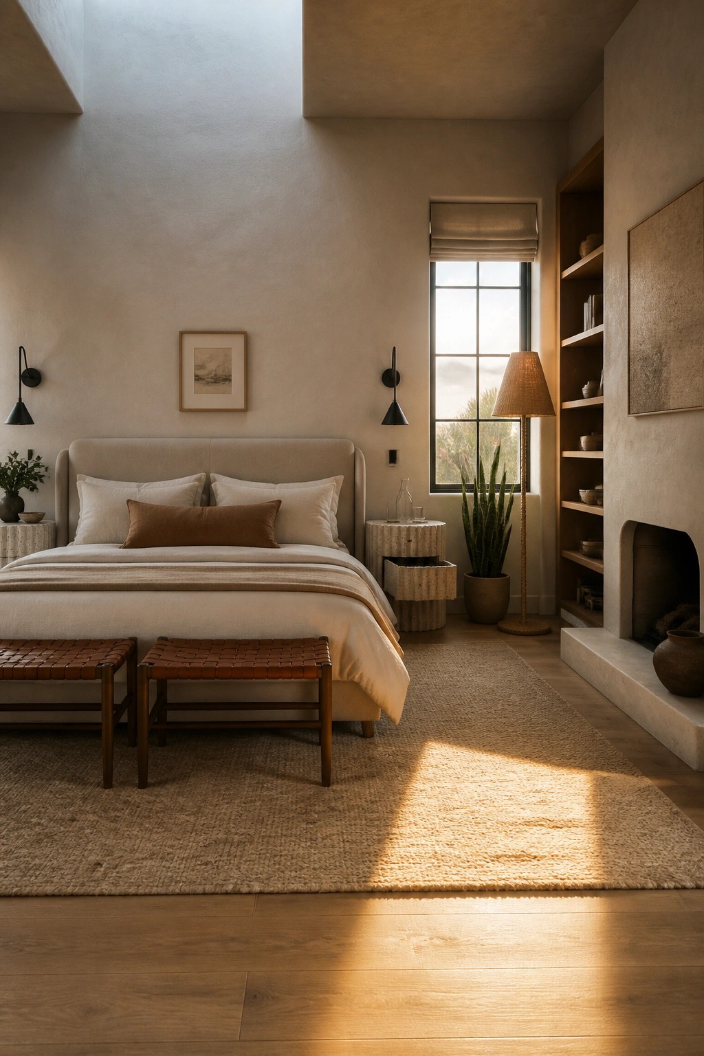 A bedroom with a large upholstered bed centered between two stone nightstands, matching black wall sconces, a woven rug, and two leather benches at the foot of the bed.