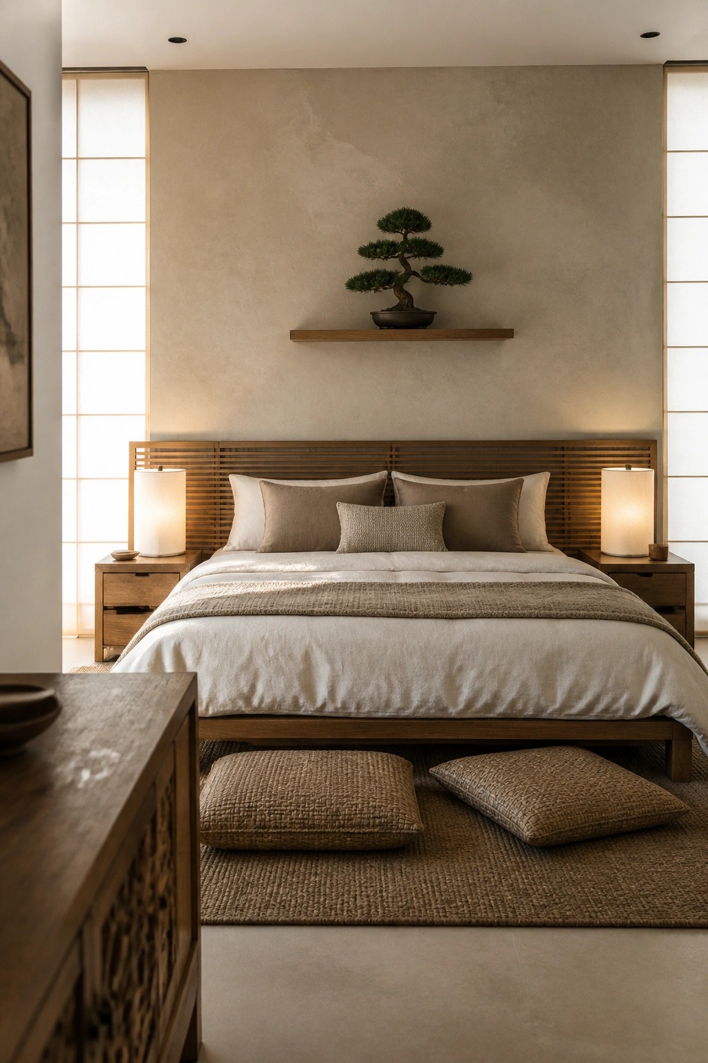 A bedroom featuring a low wooden bed centered against a plain wall, with identical nightstands and lamps on each side and a small bonsai on a floating shelf above the headboard.