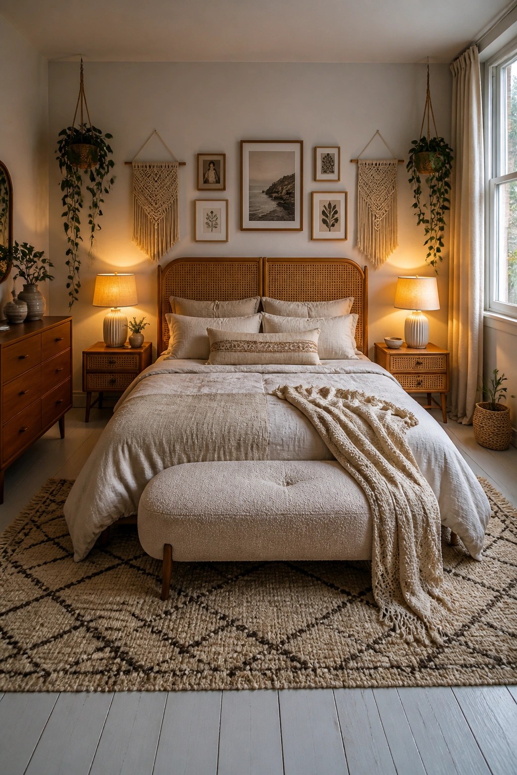Cozy neutral bedroom with rattan bed, macrame hangings, hanging plants, and patterned rug.