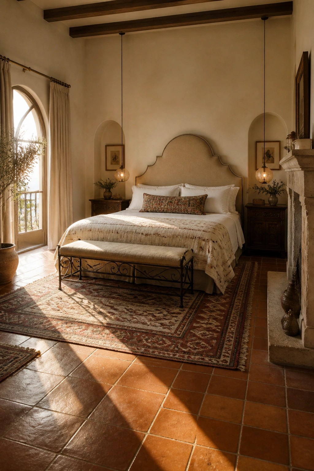 A bedroom with a centered bed flanked by two identical dark wood nightstands, each topped with a small plant and a framed picture above, and a glass pendant light hanging over each nightstand.
